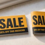 Flat-lay comparing a thick rigid rectangular postcard beside a thinner folded flyer on a neutral surface, contrasting the two formats.