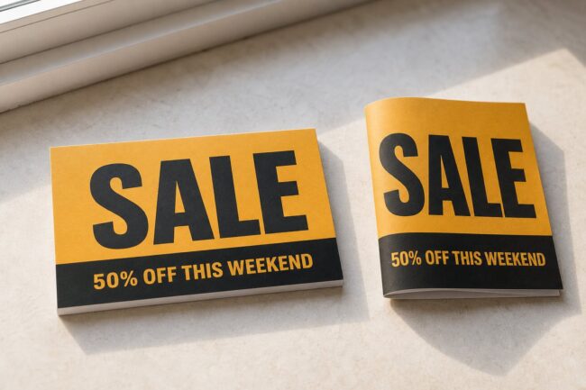 Flat-lay comparing a thick rigid rectangular postcard beside a thinner folded flyer on a neutral surface, contrasting the two formats.