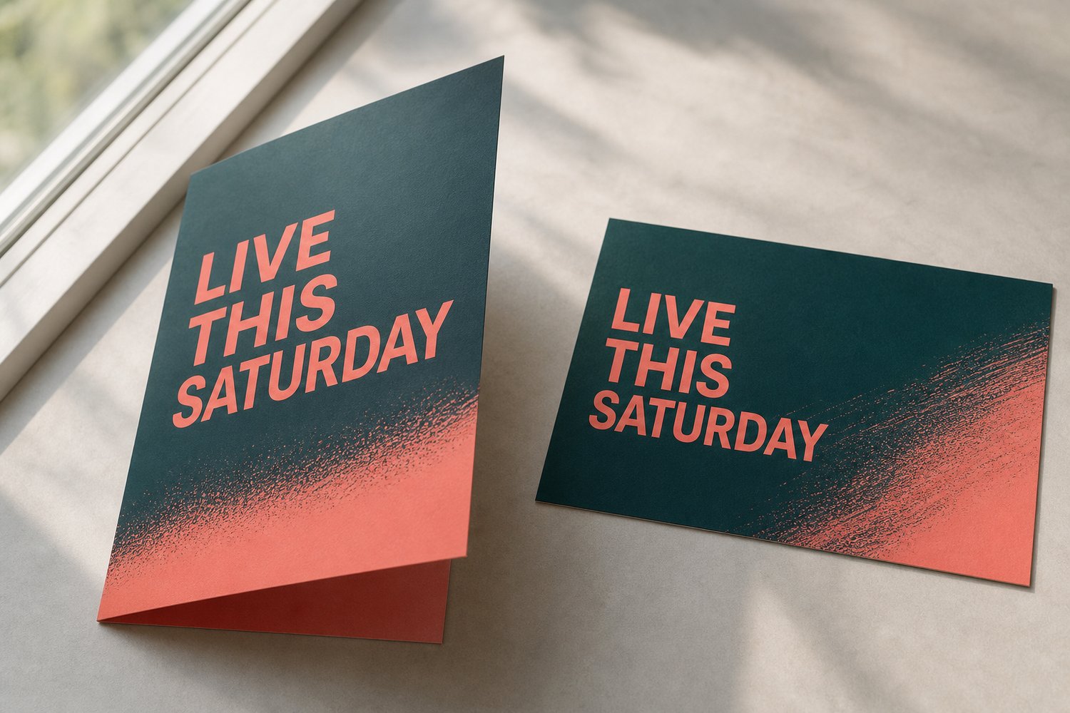 Thin folded marketing flyer partly open beside a rectangular postcard on a neutral surface, illustrating when to choose a flyer over a postcard.