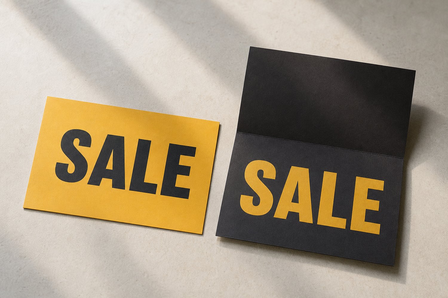 Overhead comparison of a rigid rectangular postcard next to a folded flyer on a neutral surface, comparing postcard and flyer response rates.
