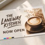 Rectangular postcard laid out as print-ready artwork with crop marks, registration marks, bleed guide and a colour bar, on a neutral surface.