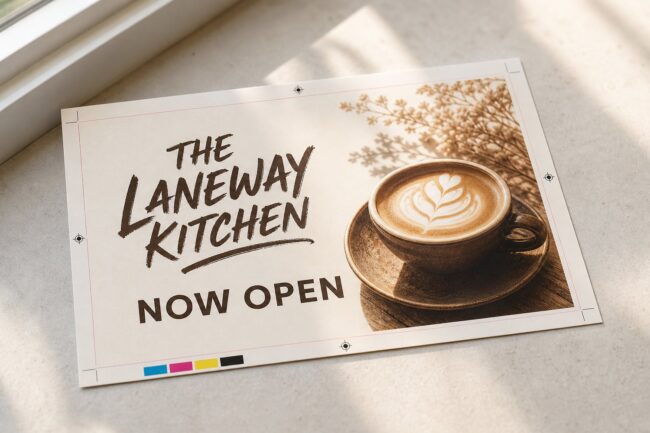 Rectangular postcard laid out as print-ready artwork with crop marks, registration marks, bleed guide and a colour bar, on a neutral surface.
