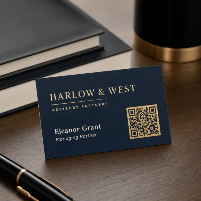 A clean navy-and-gold accountant business card with name, title and a decorative QR code block, flat gold foil on laminated stock, modern office desk