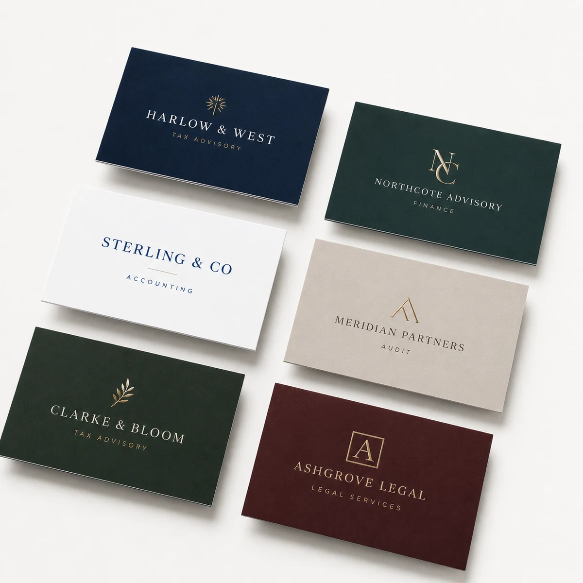 Flat lay of accountant business cards in several professional colour palettes, navy, charcoal-green and white with blue type, arranged on a white surface
