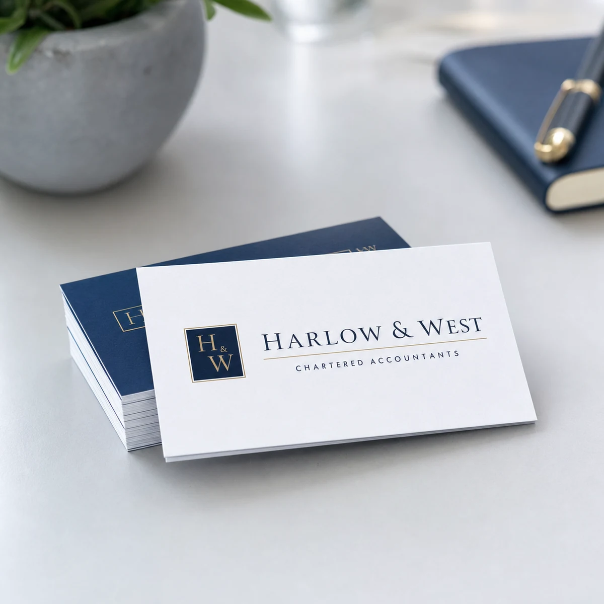 A neat stack of landscape navy-and-white accountant business cards with a small firm logo, an office background softly out of focus
