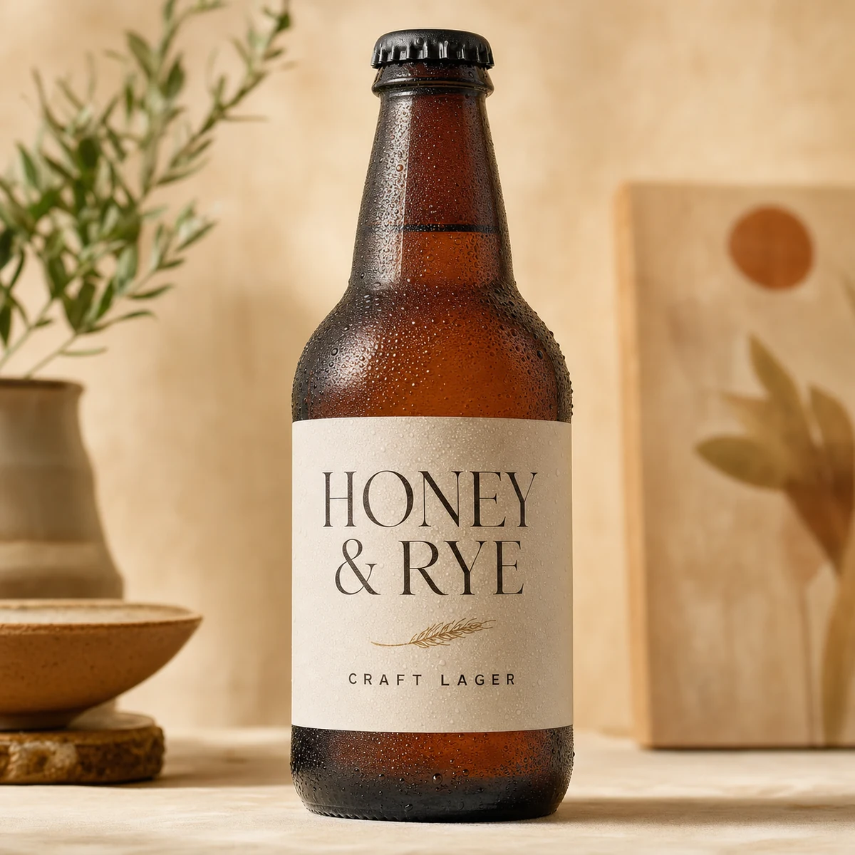 Extreme close-up of a craft beer stubby with a matte vinyl label, fine condensation beading on the waterproof label with no bubbling or peeling, the artwork crisp
