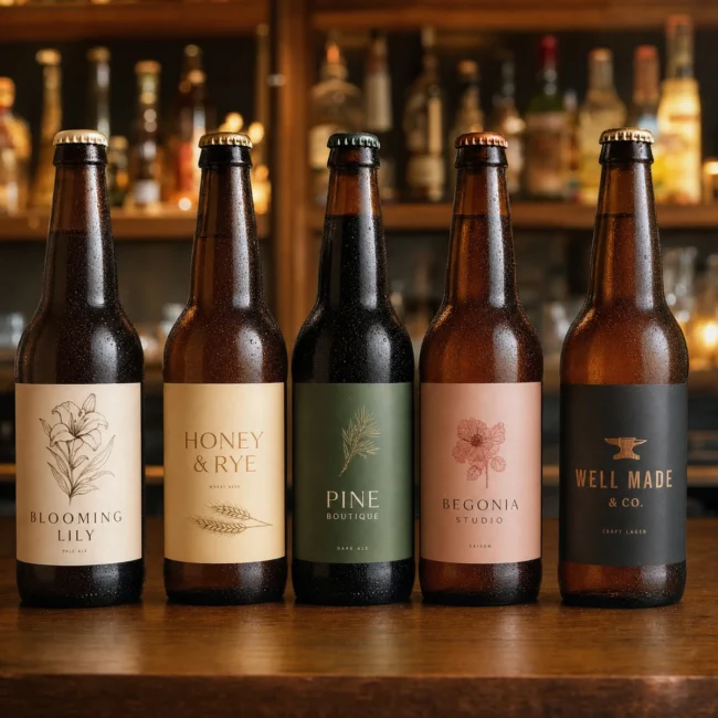 A row of craft beer bottles on a wooden bar, each wearing a full-colour rectangle label in a different brewery style, one matte, one glossy, one with gold-foil accents, condensation on the chilled glass