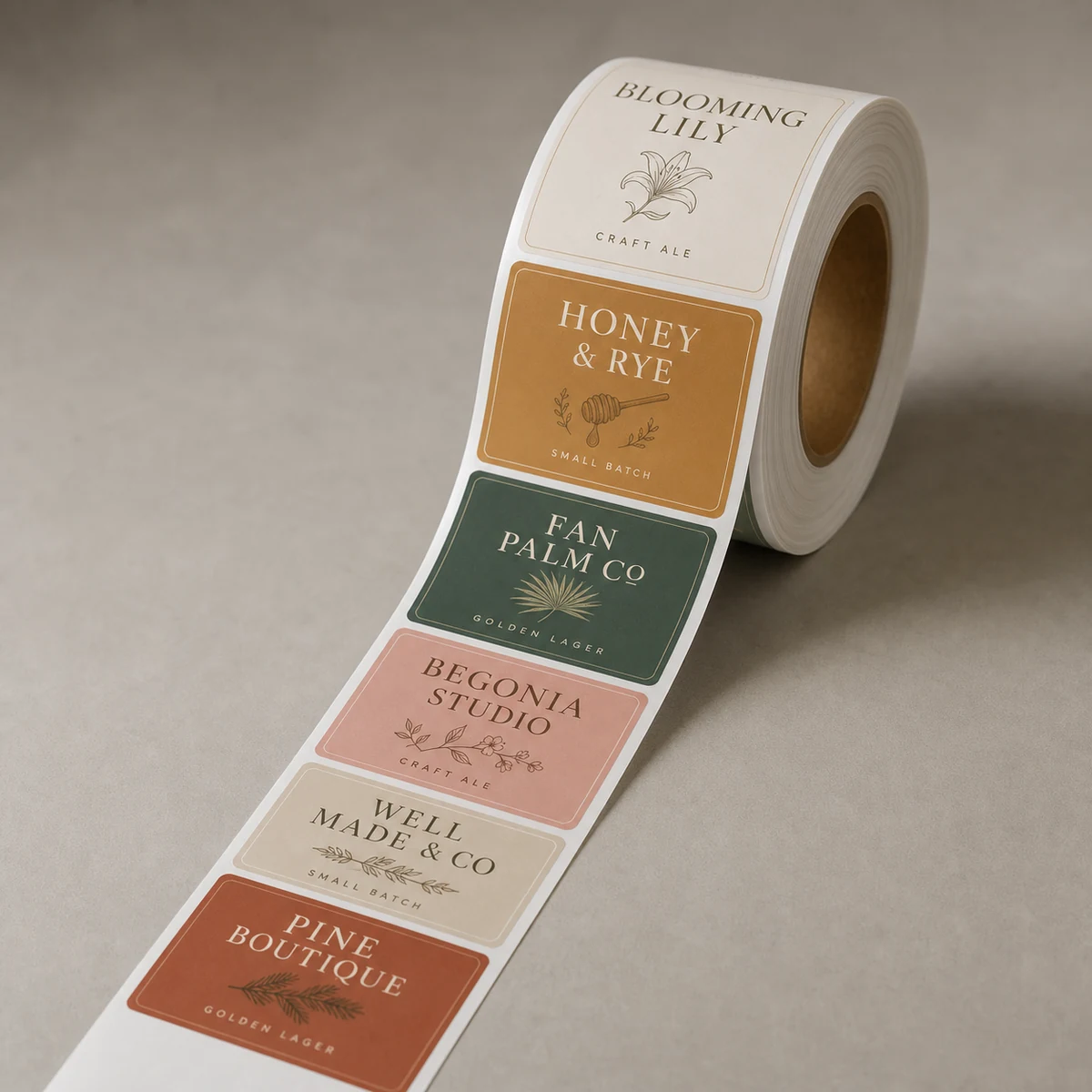 A clean roll of freshly printed full-colour matte vinyl craft-beer rectangle labels on a neutral studio surface in soft daylight