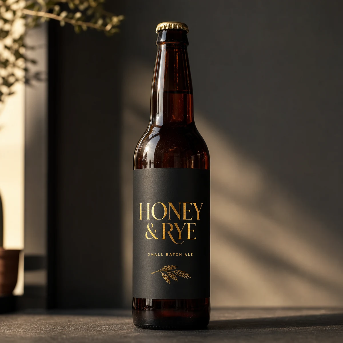 A single 750ml longneck craft beer bottle on a dark moody background wearing a premium rectangle label with bright gold flat-foil accents against deep matte print