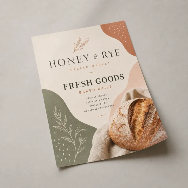A single thin A5 portrait promotional flyer printed full-colour edge to edge with a bold headline and a simple graphic, lying flat on a light grey studio surface
