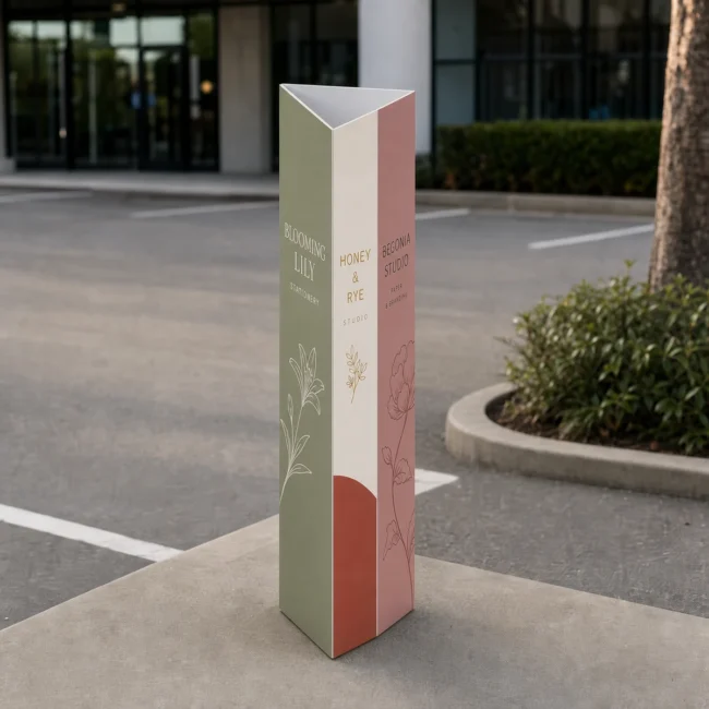 A custom-printed three-sided triangular corflute bollard sign sleeve standing on the ground around a yellow steel bollard in a clean shopping-centre carpark, full-colour branded faces