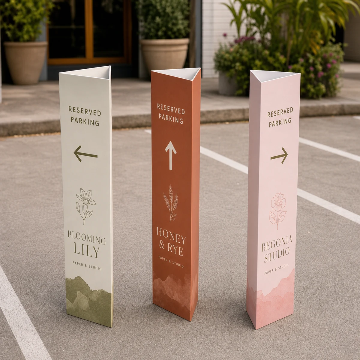 A row of triangular bollard signs on yellow steel bollards in an outdoor carpark, the faces printed with bold Reserved Parking text and clear directional arrows