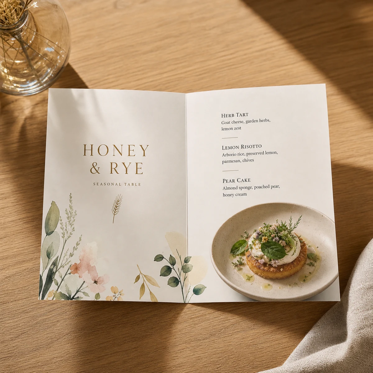 An A5 bi-fold brochure open on a desk showing a clean two-panel spread, a menu heading on the left and dish descriptions on the right, crisp centre fold
