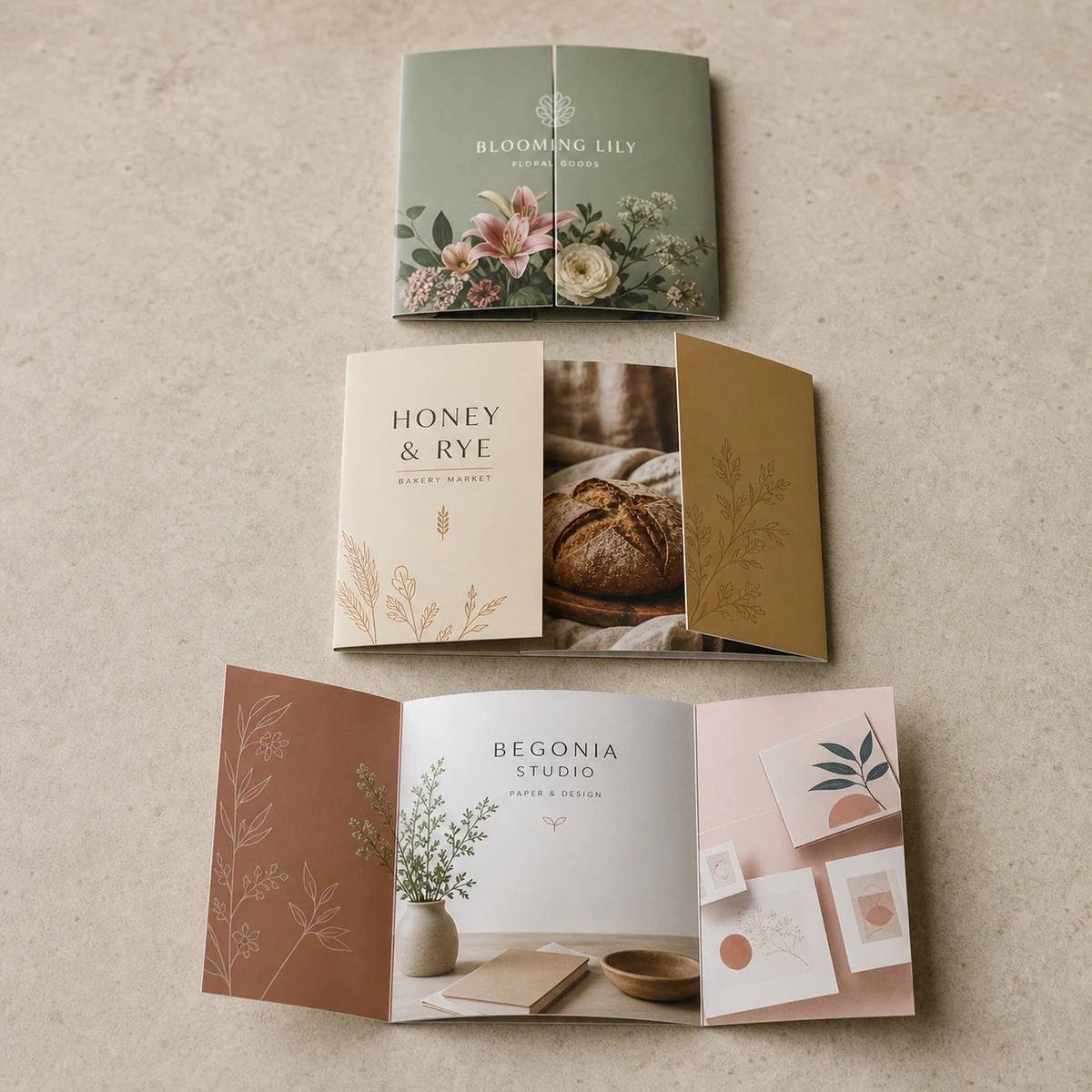 A gate-fold brochure shown in three stages, closed, one gate opening, and fully open to a wide interior spread, premium product photography