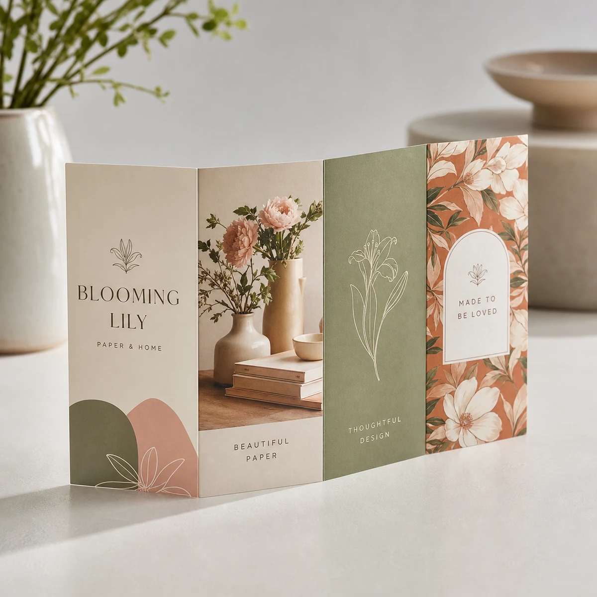 A roll-fold brochure partly unrolled showing one continuous four-panel concertina in sequence on a boardroom table, premium print quality