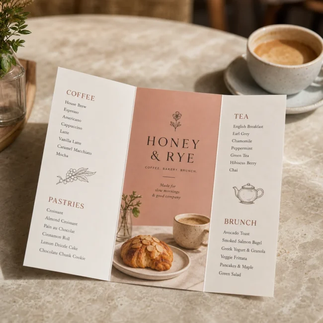 An open tri-fold brochure laid flat showing three even panels of a clean HONEY & RYE cafe menu with legible coffee, tea, pastries and brunch sections, crisp creases