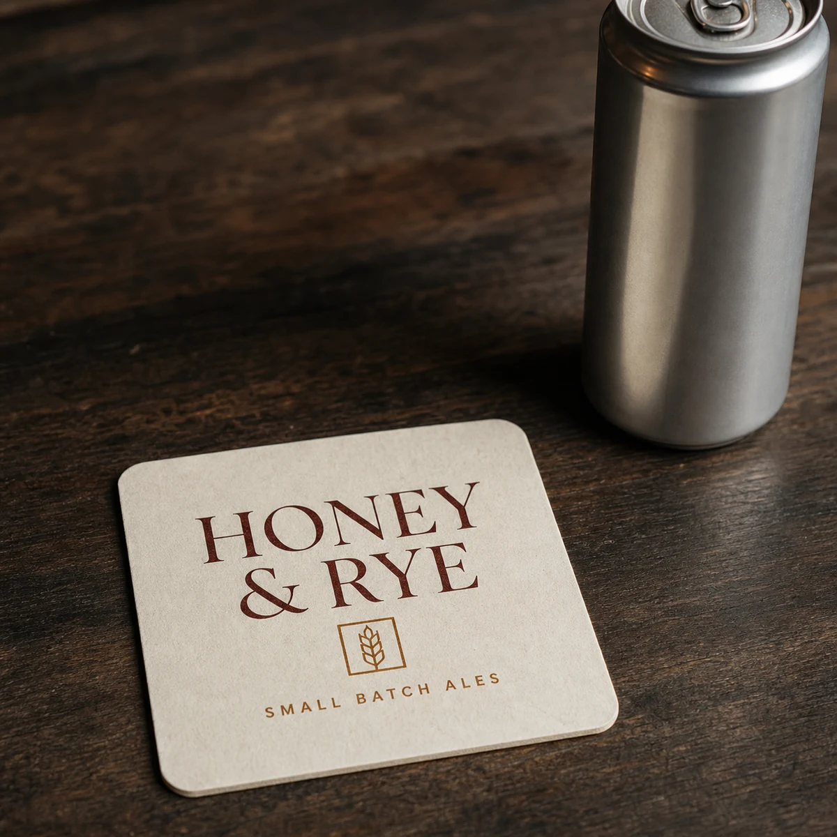Square custom coaster printed with a boutique brewery wordmark on matte beermat board beside a plain craft beer can on a dark timber surface