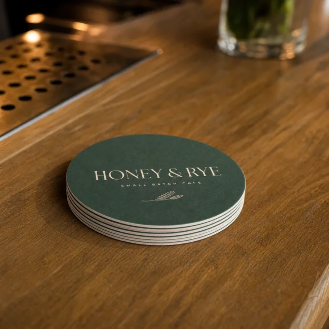 Stack of round 95mm custom-printed coasters on a timber bar top with full-colour branded designs in warm venue light