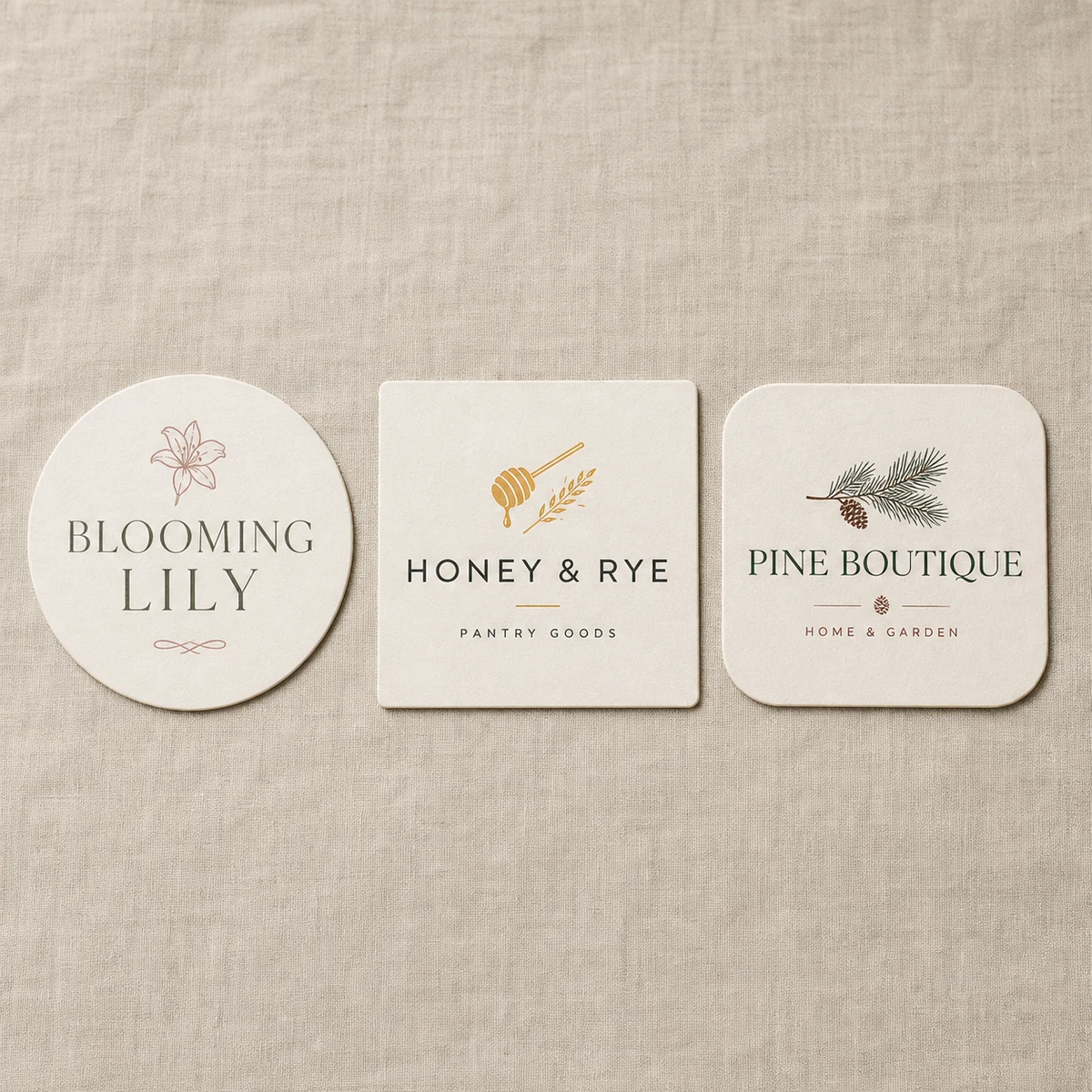 Overhead flat lay of three 95mm coasters in round, square and rounded-square shapes on neutral linen, showing the three available formats