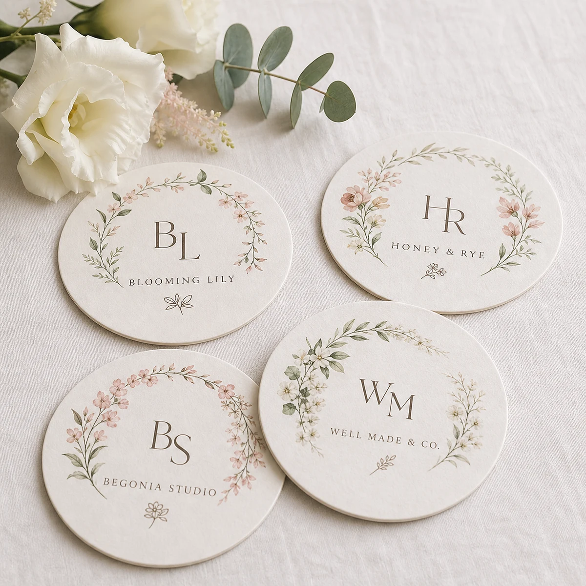 Flat lay of personalised round wedding coasters with a couple's monogram and a fine botanical wreath in blush and sage on a white linen tablecloth