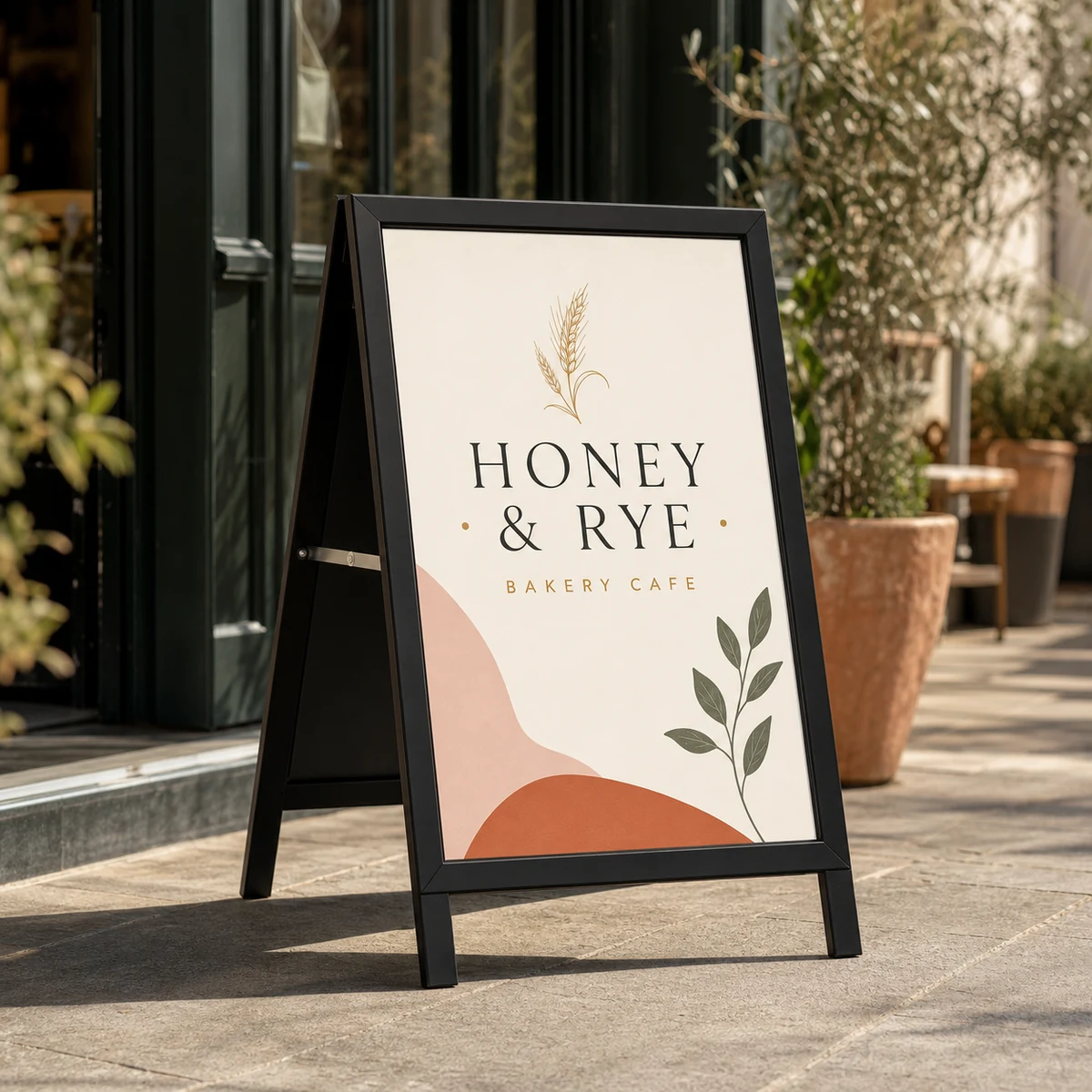 A corflute panel seated inside a black aluminium A-frame snap-frame on a retail footpath, an even black border on all four sides around the printed cafe menu-board face, free-standing