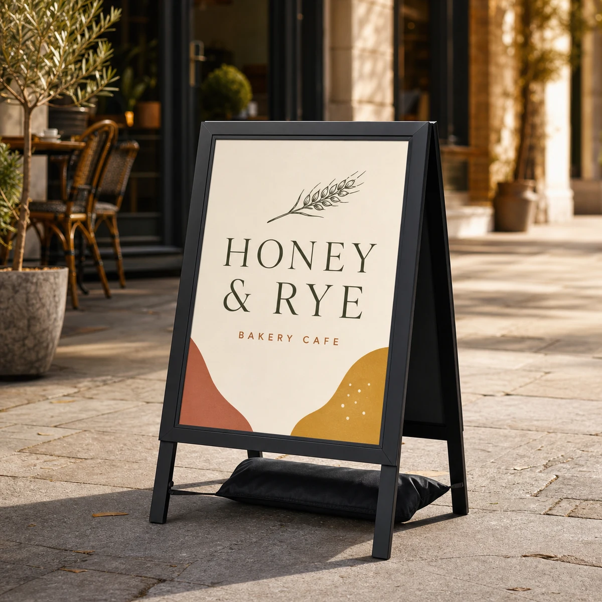 A black A-frame snap-frame holding a corflute sign with a sandbag weight on the bottom rail for stability, even black border around the print, outdoor cafe street setting