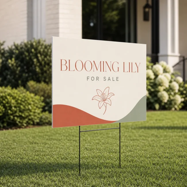 A full-colour corflute FOR SALE sign on wire H-stakes installed in a grass lawn at a property entrance, the fluted channels visible at the cut edge, bright natural daylight