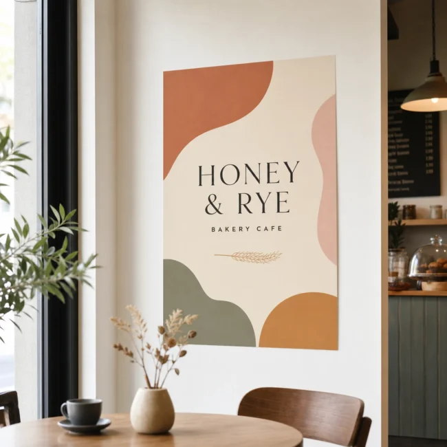A bold-graphic A1 synthetic poster mounted flat on a modern Australian cafe wall with a customer at a table in the background showing viewing distance, sharp text, warm natural light