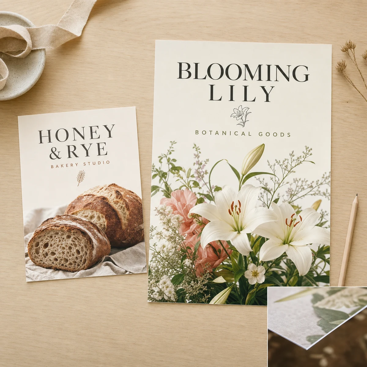 Flat lay of A3 and A1 synthetic poster prints on a light timber surface with crisp typography and a clean white trimmed edge with no bleed mark, minimal styling