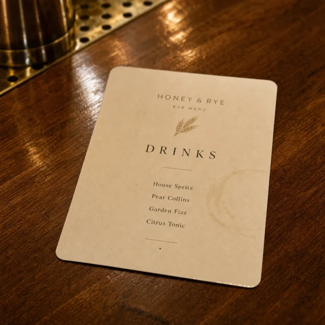 A laminated bar drinks menu on a polished timber bar top with a condensation ring from a nearby glass, the print staying crisp and undamaged, moody low lighting