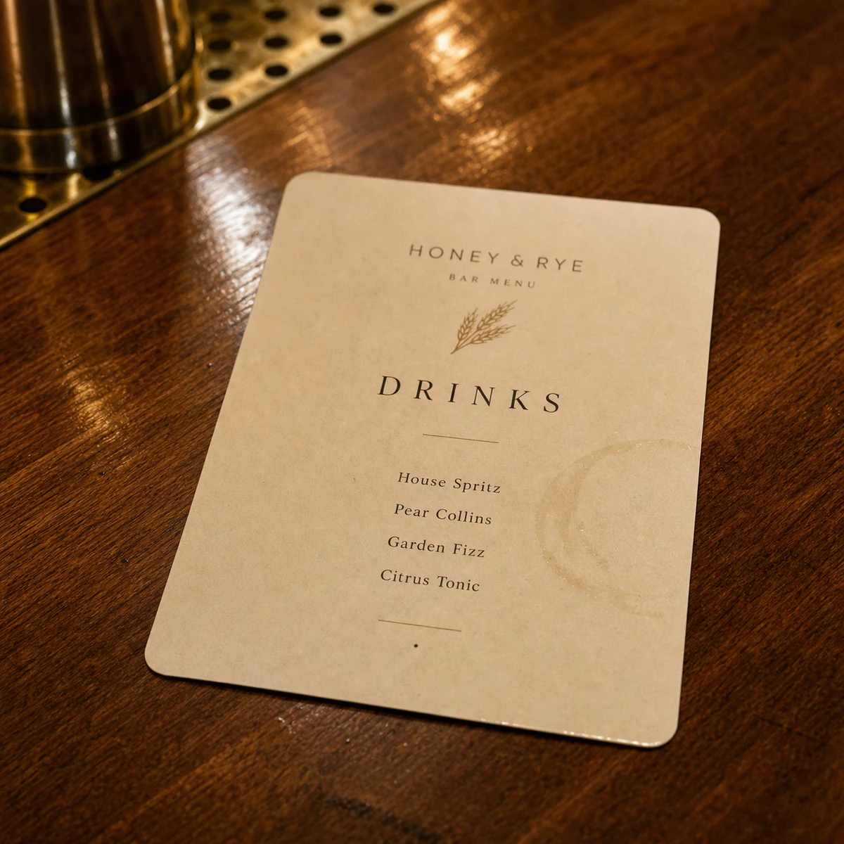 A laminated bar drinks menu on a polished timber bar top with a condensation ring from a nearby glass, the print staying crisp and undamaged, moody low lighting