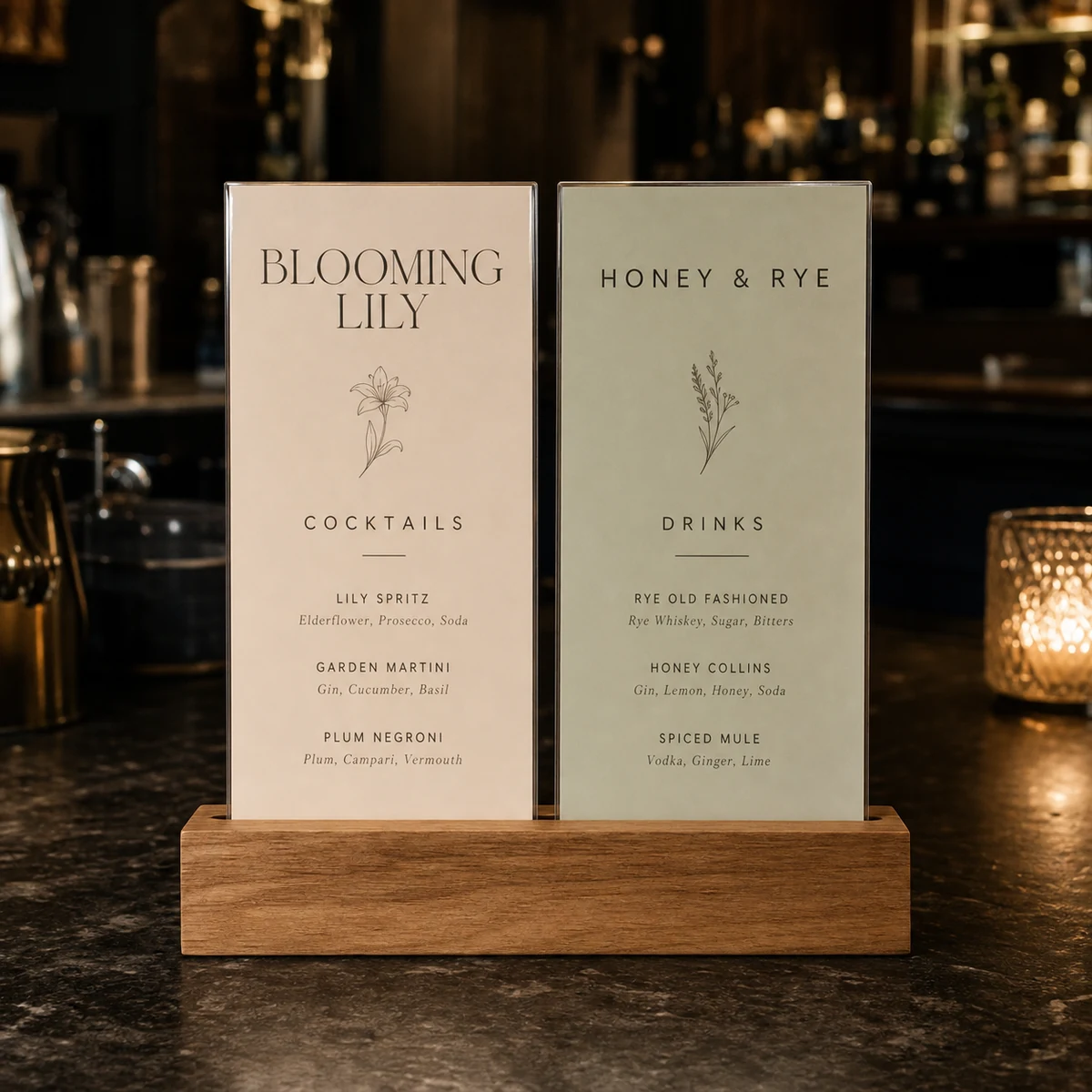 Two DL drinks menu cards standing dead-upright and square in a slim timber holder on a bar table, moody ambient light, readable cocktail names and prices