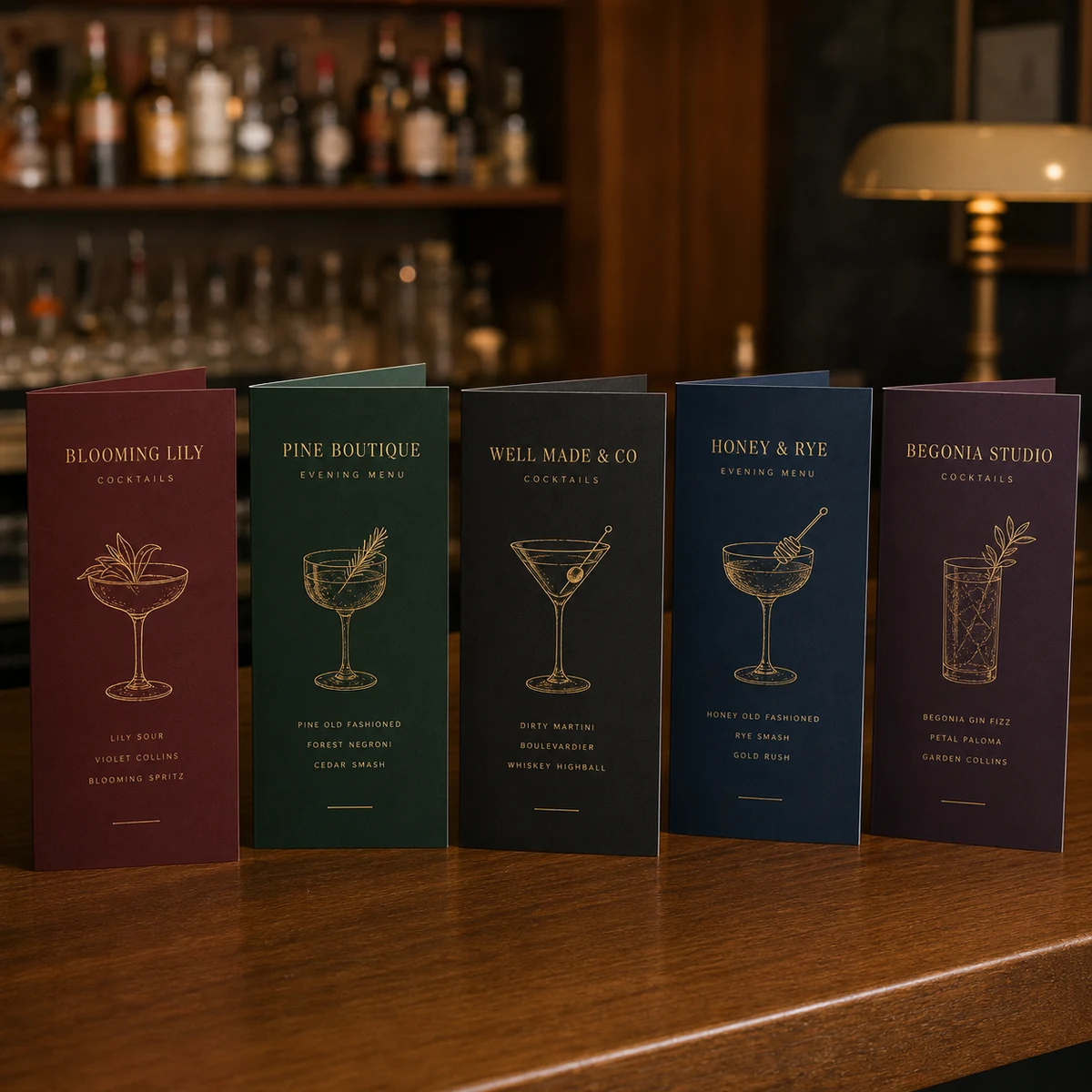 A row of A5 folded cocktail menus fanned on a bar surface, each with a rich dark design and fine gold cocktail line art