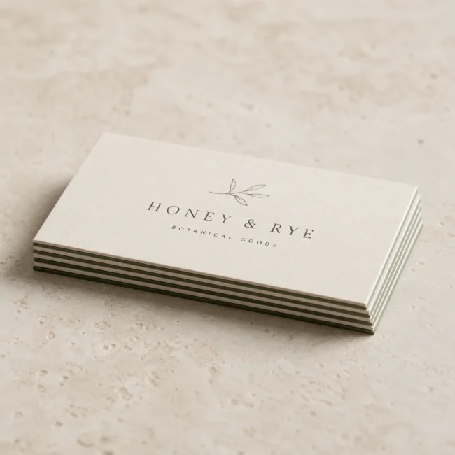 Overhead flat lay of a low stack of thin duplex business cards on light stone with the slim two-tone two-ply bonded cut edge visible, a cream face over a sage-green ply