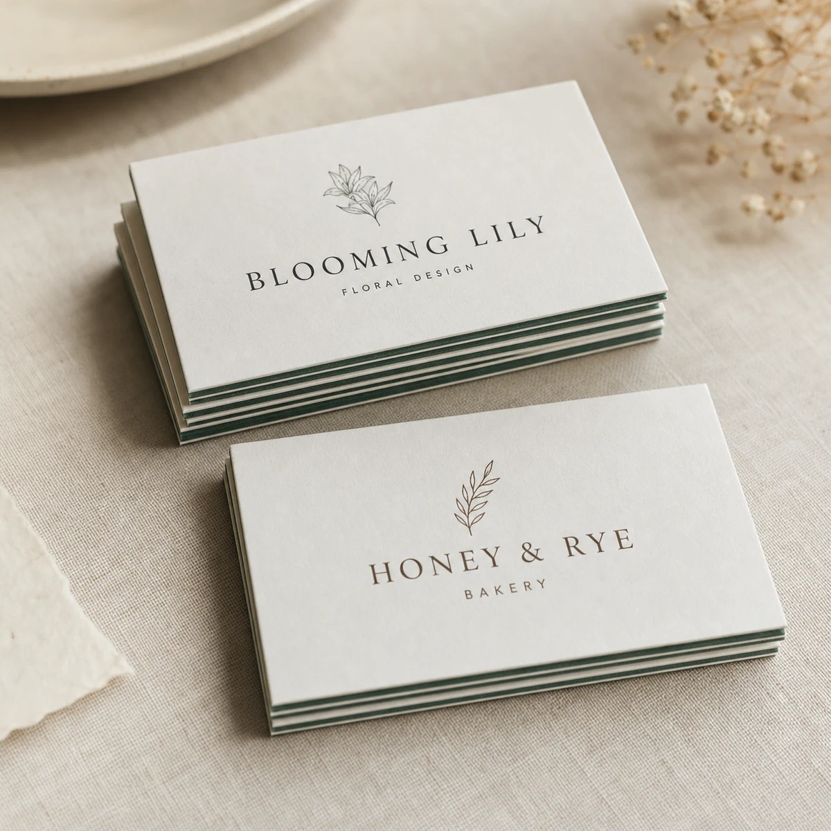 Close-up of two short stacks of thin duplex cards in white-front sage-back colourways, the two-tone two-ply bonded edge visible along the stacked sides