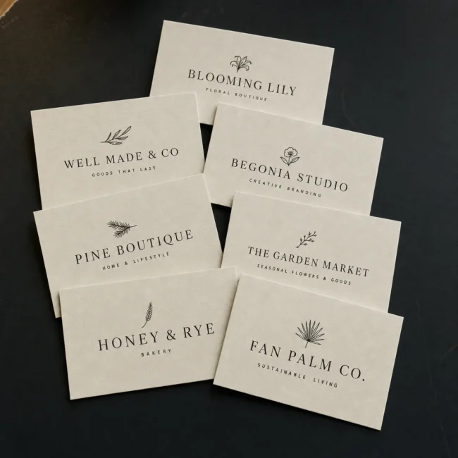 A fan of cream linen business cards with sharp black typography spread on a dark surface, clean fast-turnaround standard cards