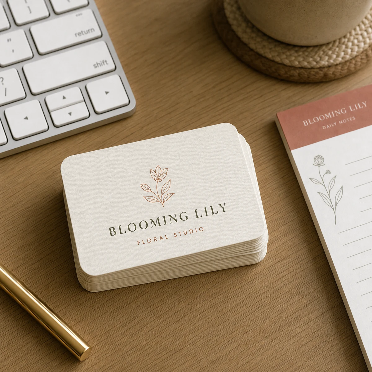 A stack of cream business cards with rounded corners beside a keyboard and notepad on a desk, overhead view, professional desk setup