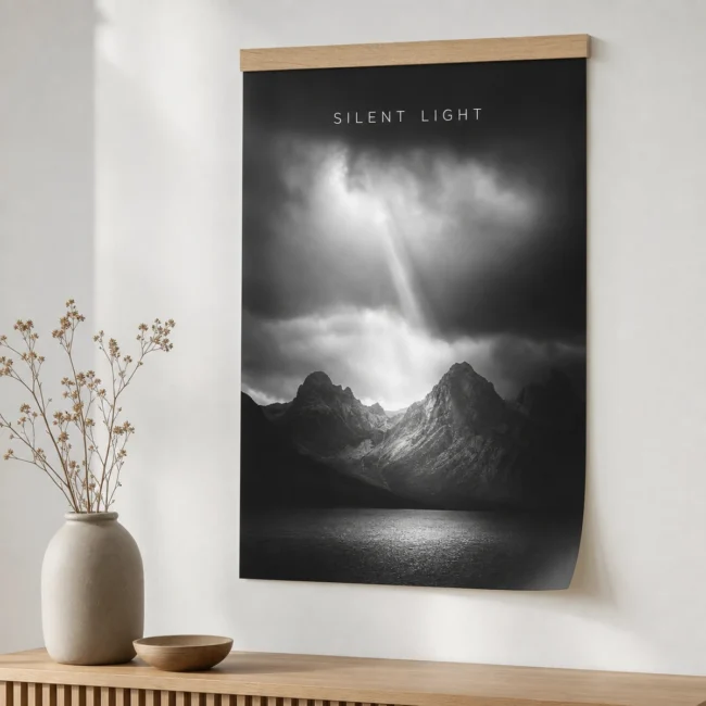 An A2 black-and-white photographic poster on 200gsm synthetic stock hung flat from a timber hanger on a white wall, rich shadow detail, flexible paper lying flat with no curl, not canvas or framed