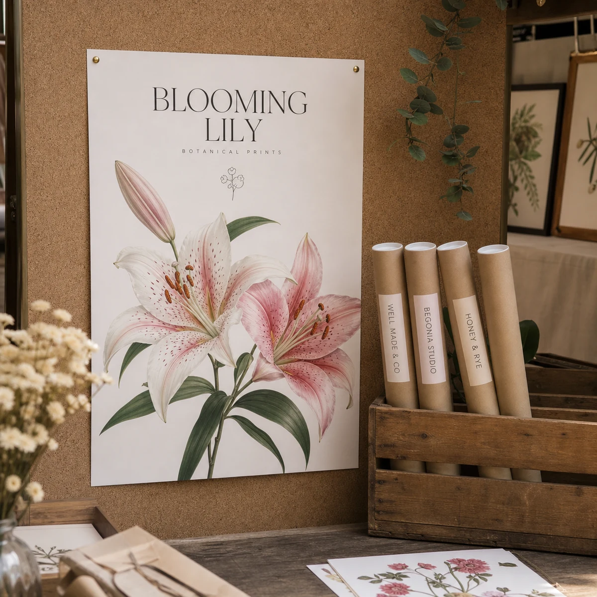 An A2 botanical illustration poster beside several rolled fine-art prints in slim standard postal mailer tubes, showing how prints ship rolled