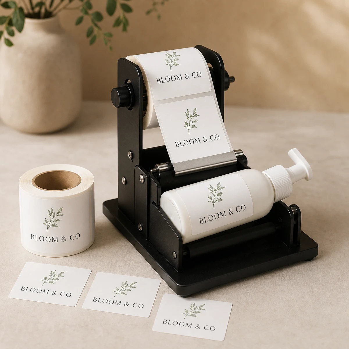 A desktop label dispenser applying a uniform rectangle label to a skincare bottle, the roll seated on the mandrel and the web peeling cleanly, every label the same brand and orientation, no hands