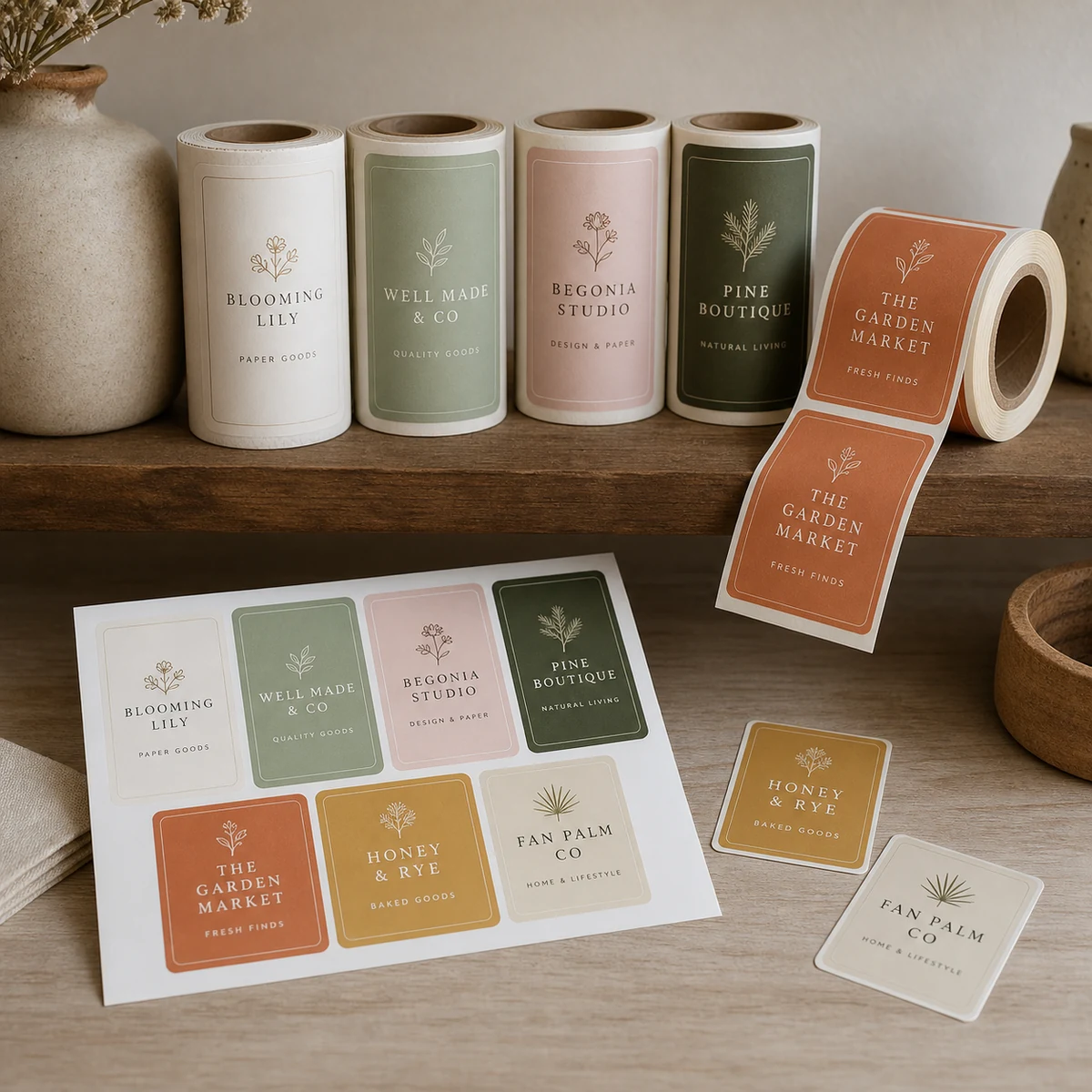 An organised storage shelf with roll labels stored upright on their core ends beside flat-packed sheet-label packets, tidy small-business setting