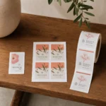 Three label formats side by side on a bench, a single flat sheet label, a kiss-cut sheet of skincare labels, and a partly dispensed roll of rectangle labels, all the same modest size