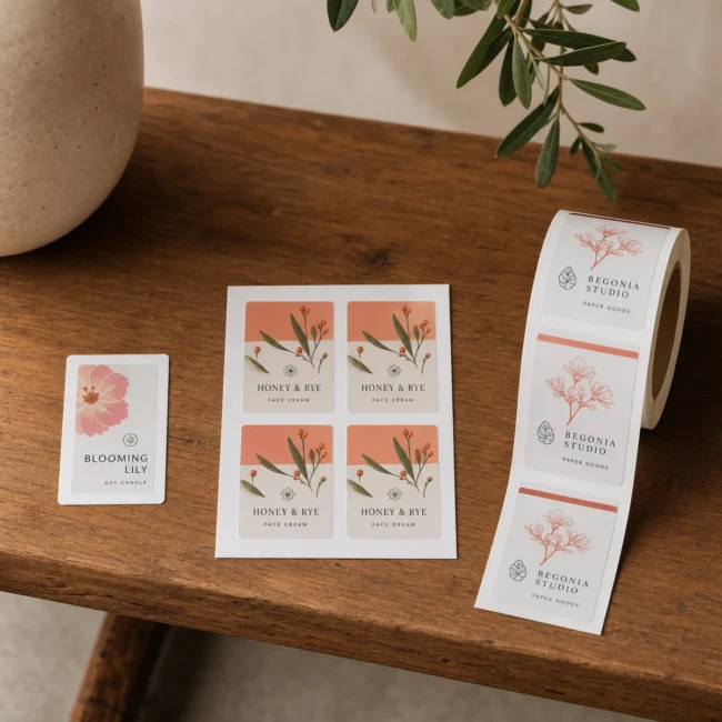 Three label formats side by side on a bench, a single flat sheet label, a kiss-cut sheet of skincare labels, and a partly dispensed roll of rectangle labels, all the same modest size