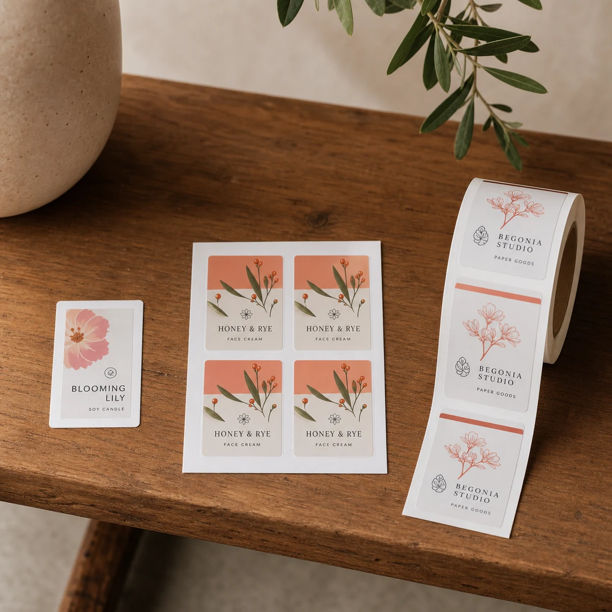 Three label formats side by side on a bench, a single flat sheet label, a kiss-cut sheet of skincare labels, and a partly dispensed roll of rectangle labels, all the same modest size