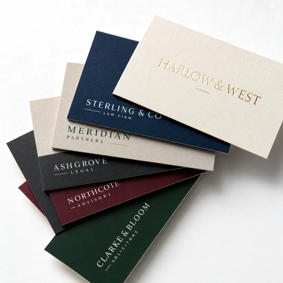 A fan of law-firm business cards on a white desk showing cotton and linen stock options, the top card with a firm name in gold flat foil