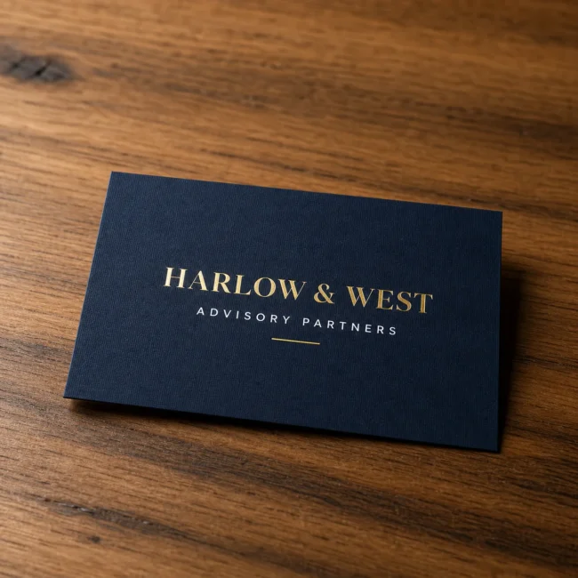 A premium navy law-firm business card with a gold flat-foil firm name sitting flush on the surface, not debossed, with a fine linen texture, on a timber desk