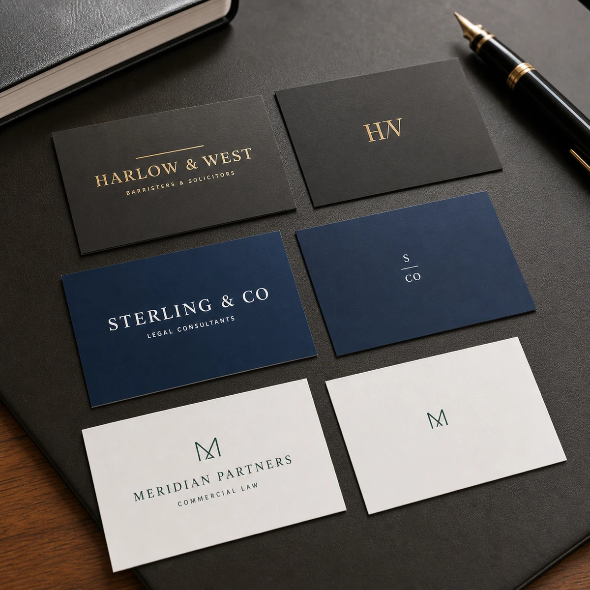 Three law-firm business cards in charcoal, navy and white colourways shown front and back on a desk with a fountain pen, crisp overhead light, laminated stock