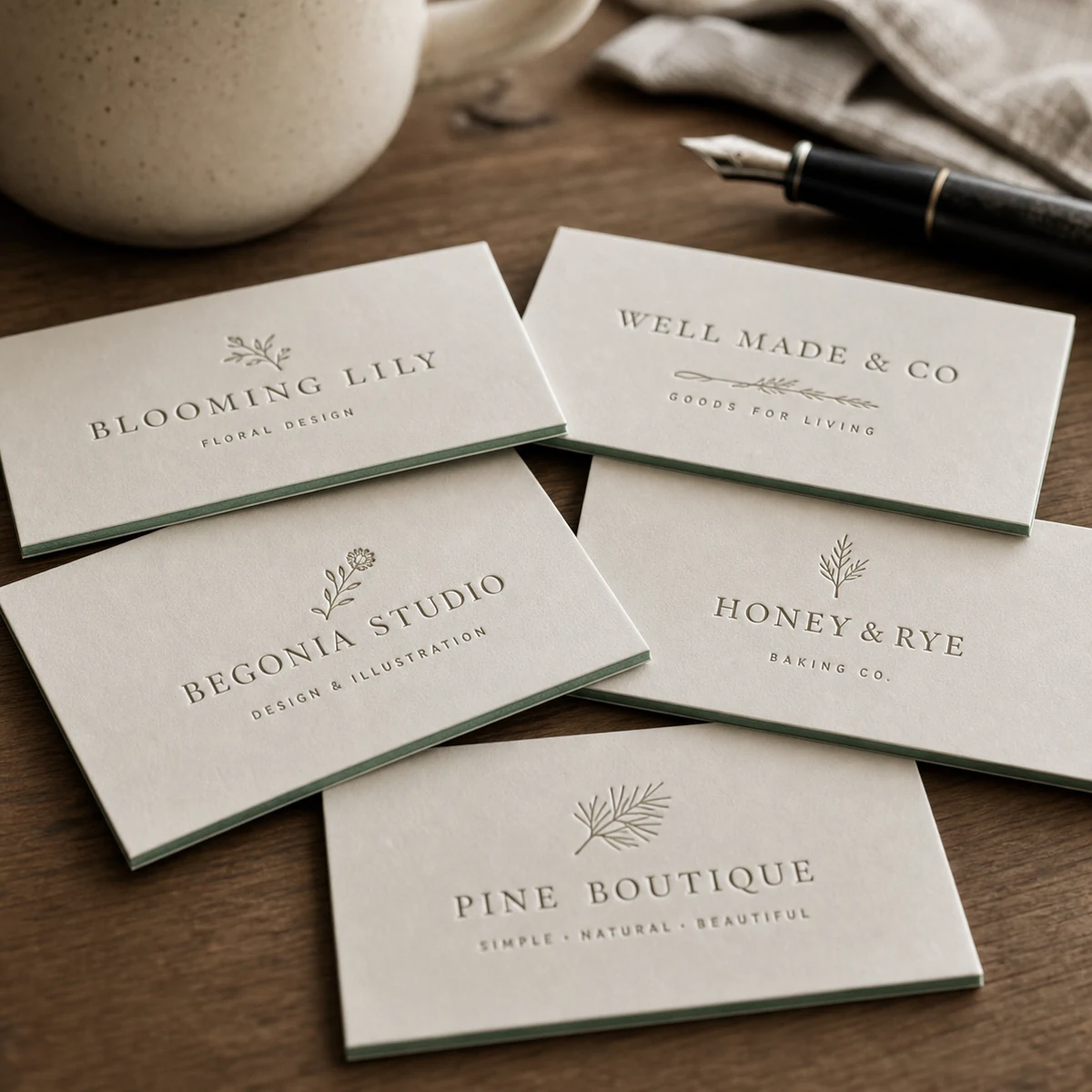 Overhead flat lay of thin duplex letterpress cards with a deep blind deboss on each cream face and a slim two-tone two-ply bonded cut edge, a coffee cup and pen out of focus behind