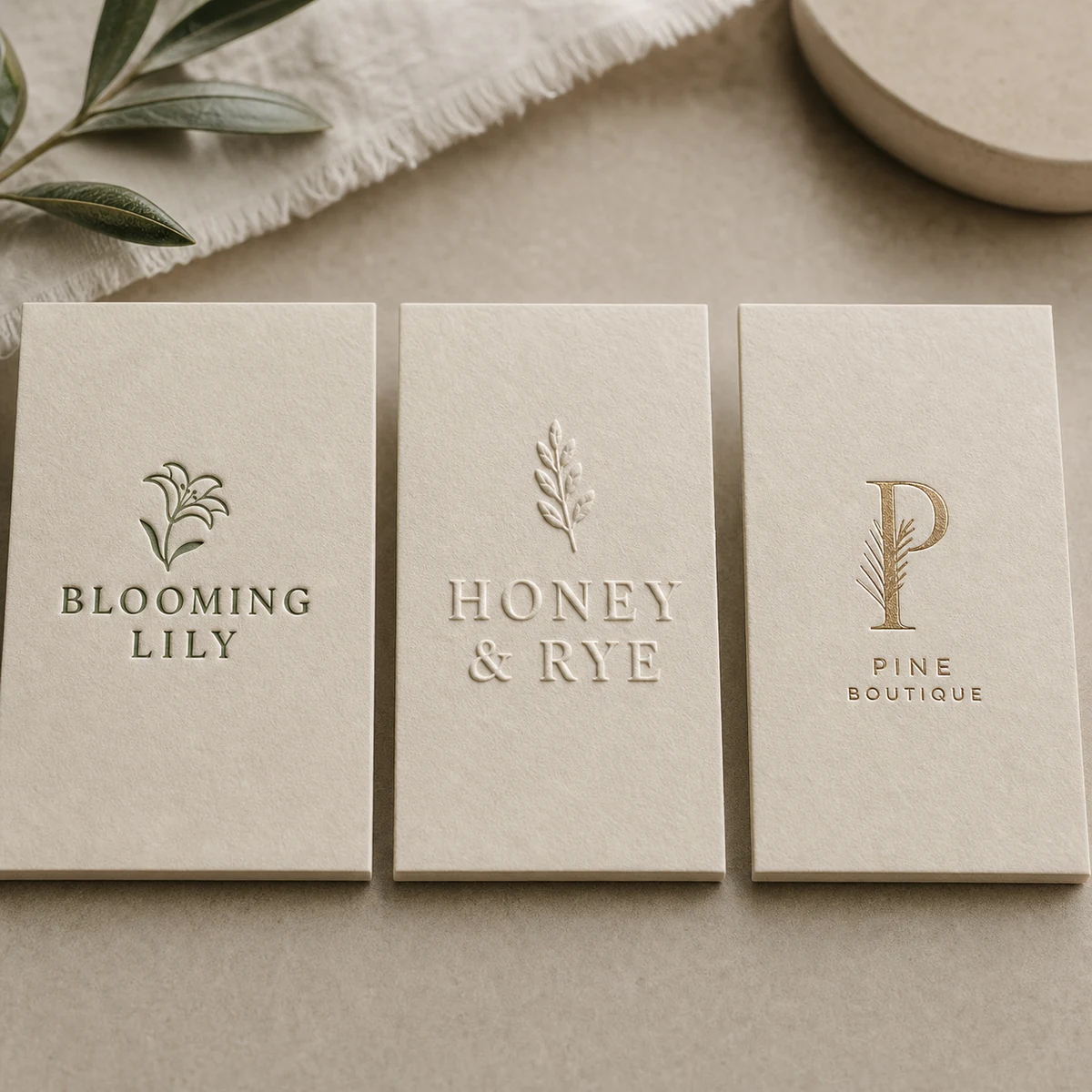 Side-by-side macro of three finishes on cream cotton stock: a recessed letterpress impression, an embossed logo raised up, and a flush flat-foil monogram, showing down versus up versus flat