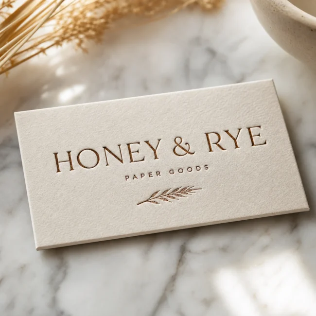 Close-up of a thick cream cotton business card on white marble, a boutique serif wordmark letterpress-debossed deep into the stock casting a soft shadow inside the recessed letters